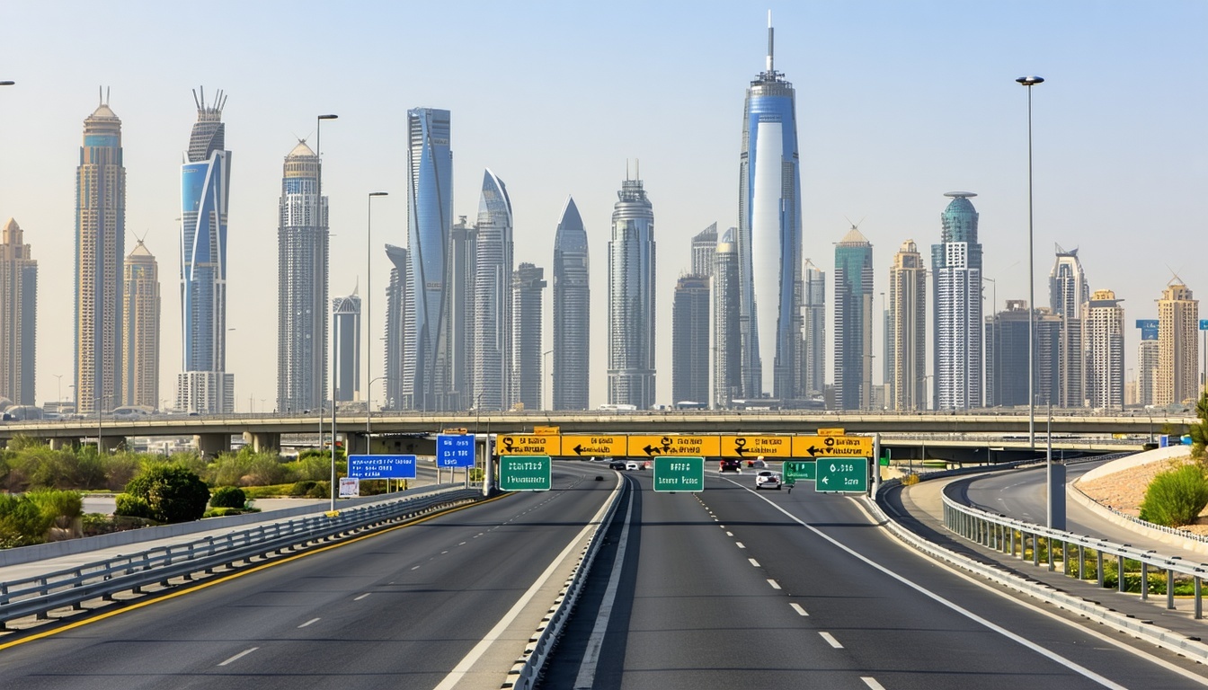 Dubai skyline with major highways and road toll gates